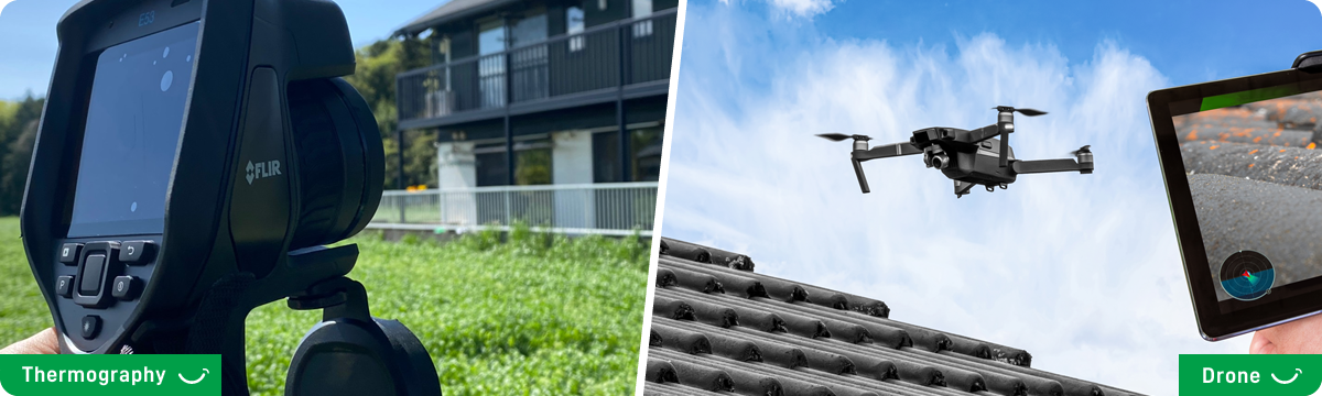高性能サーモグラフィーと高画質ドローンによる建物診断イメージ
