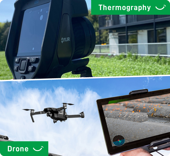 高性能サーモグラフィーと高画質ドローンによる建物診断イメージ